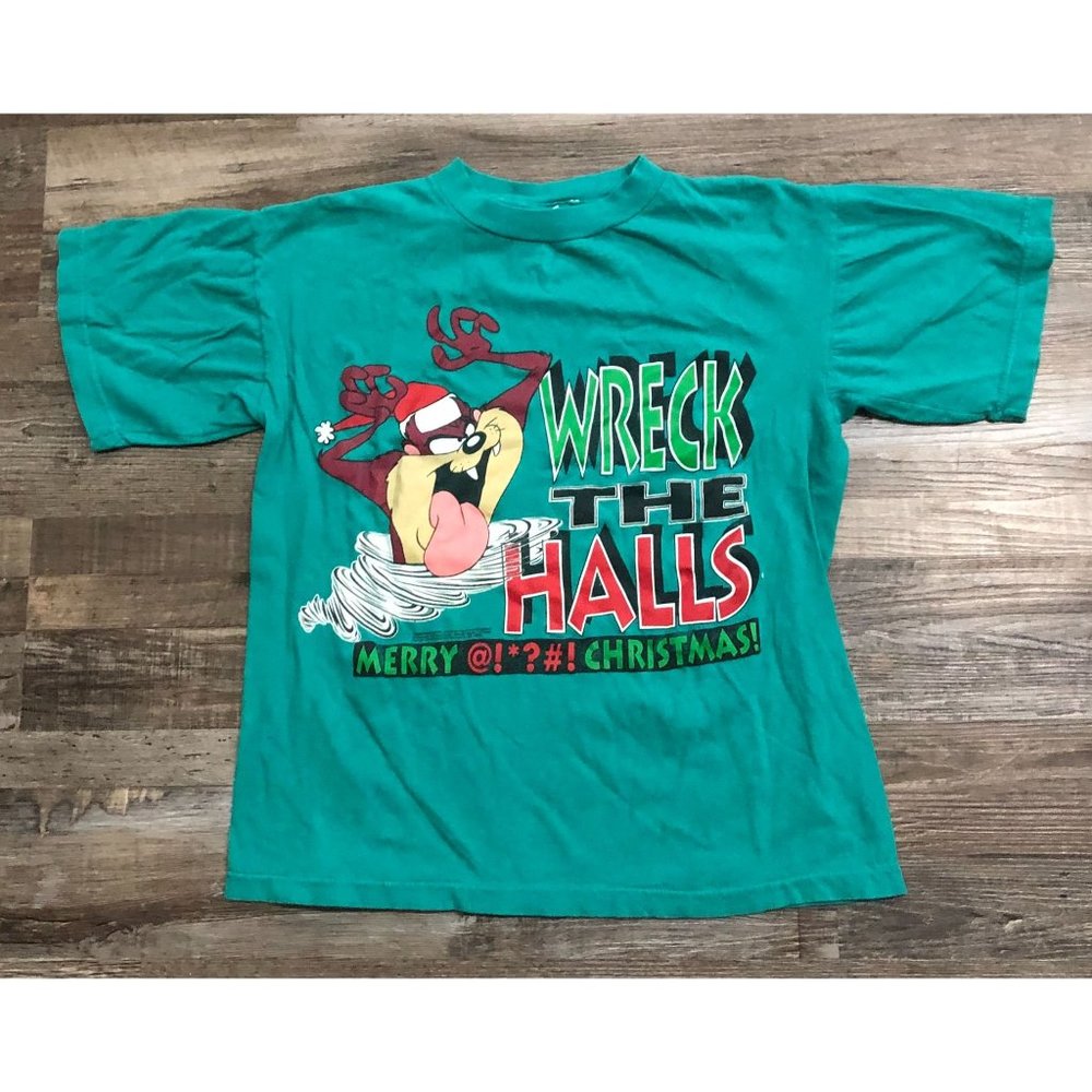 Vintage Taz Tasmanian Devil Wreck the Halls Merry Christmas T Shirt Medium Green